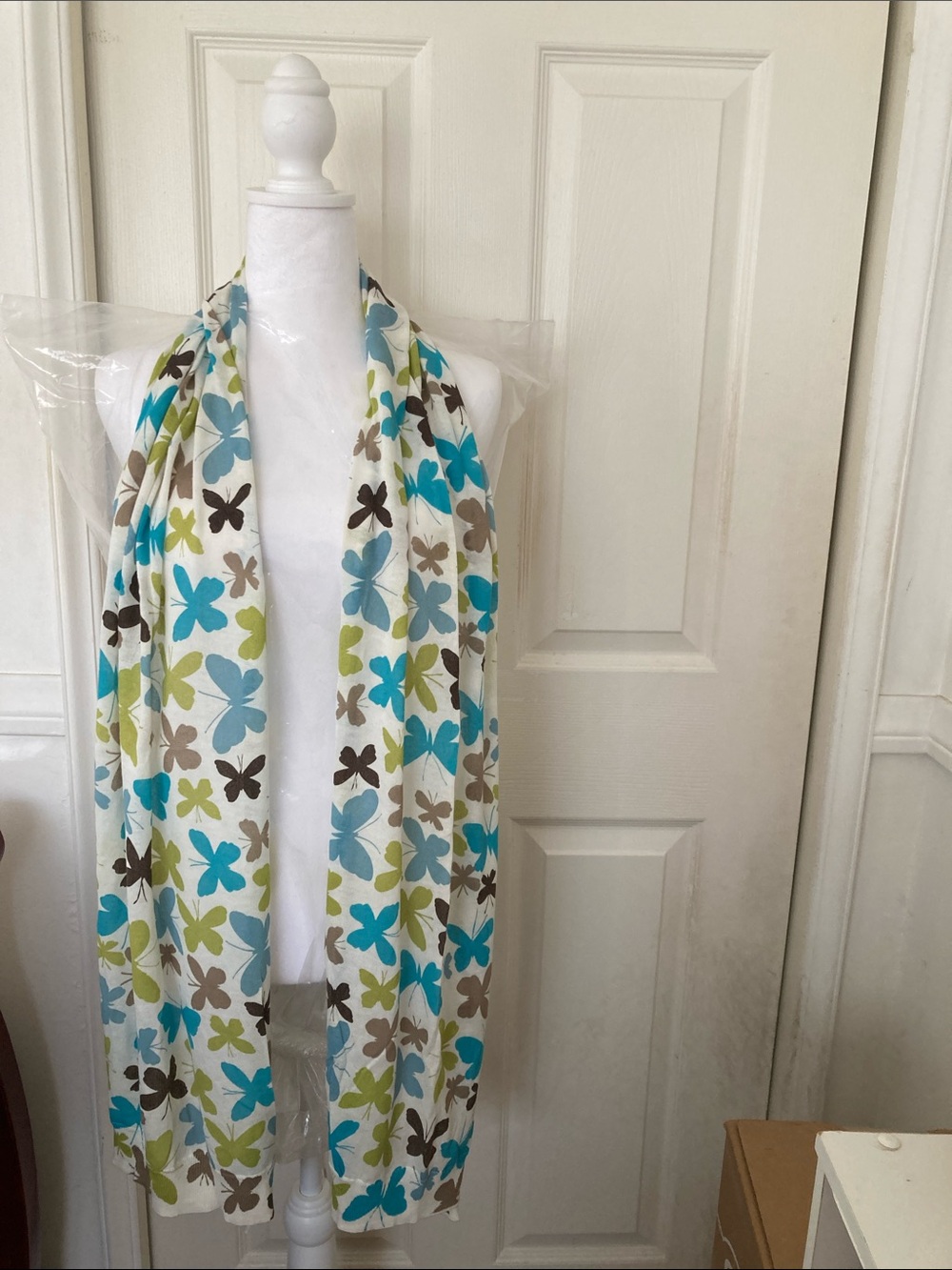 Lands' End White Scarf with Blue, Green and Brown Floral Print
